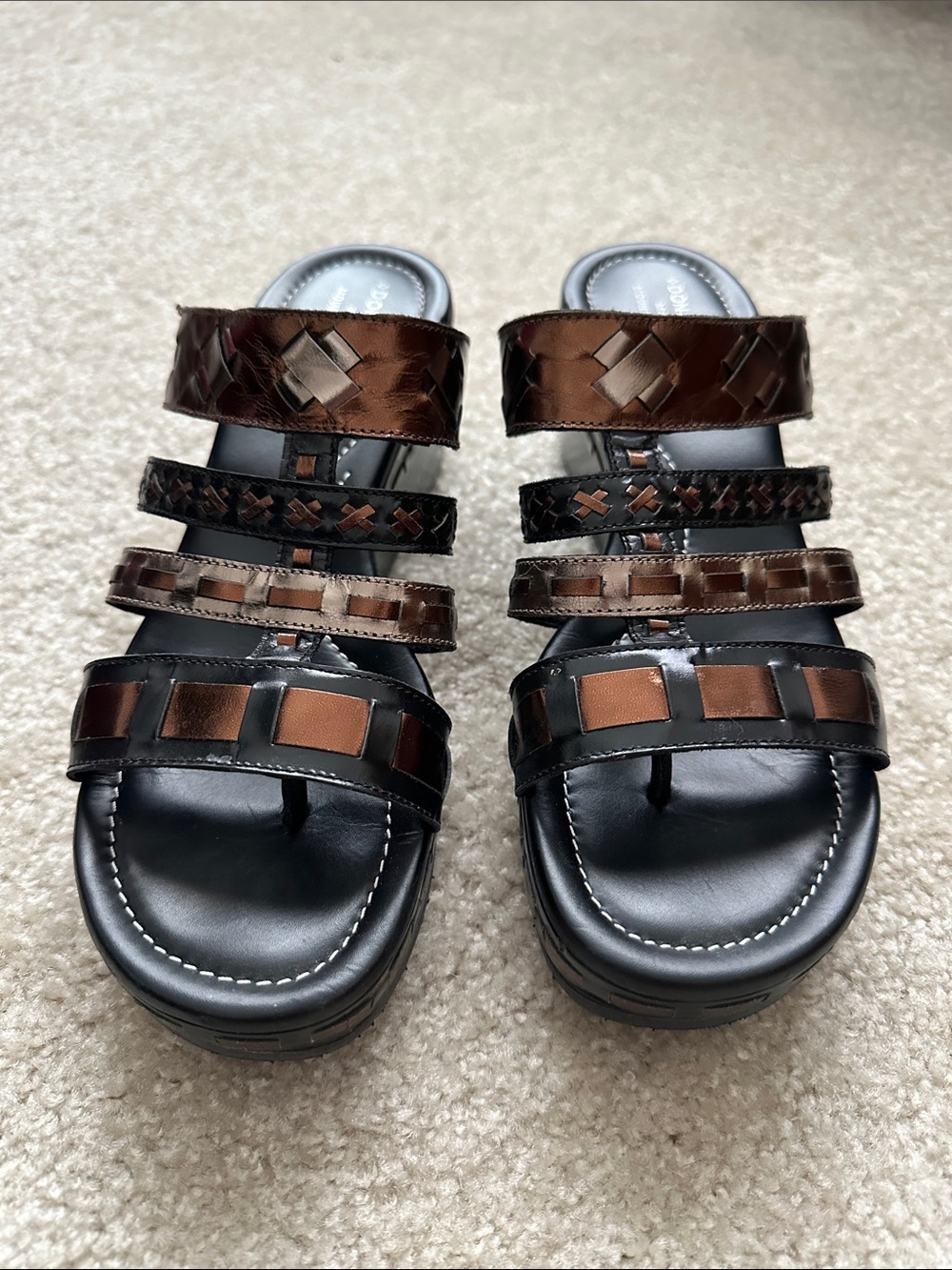 Donald J. Pliner Black and Brown Multi-Strap Wedge Slides